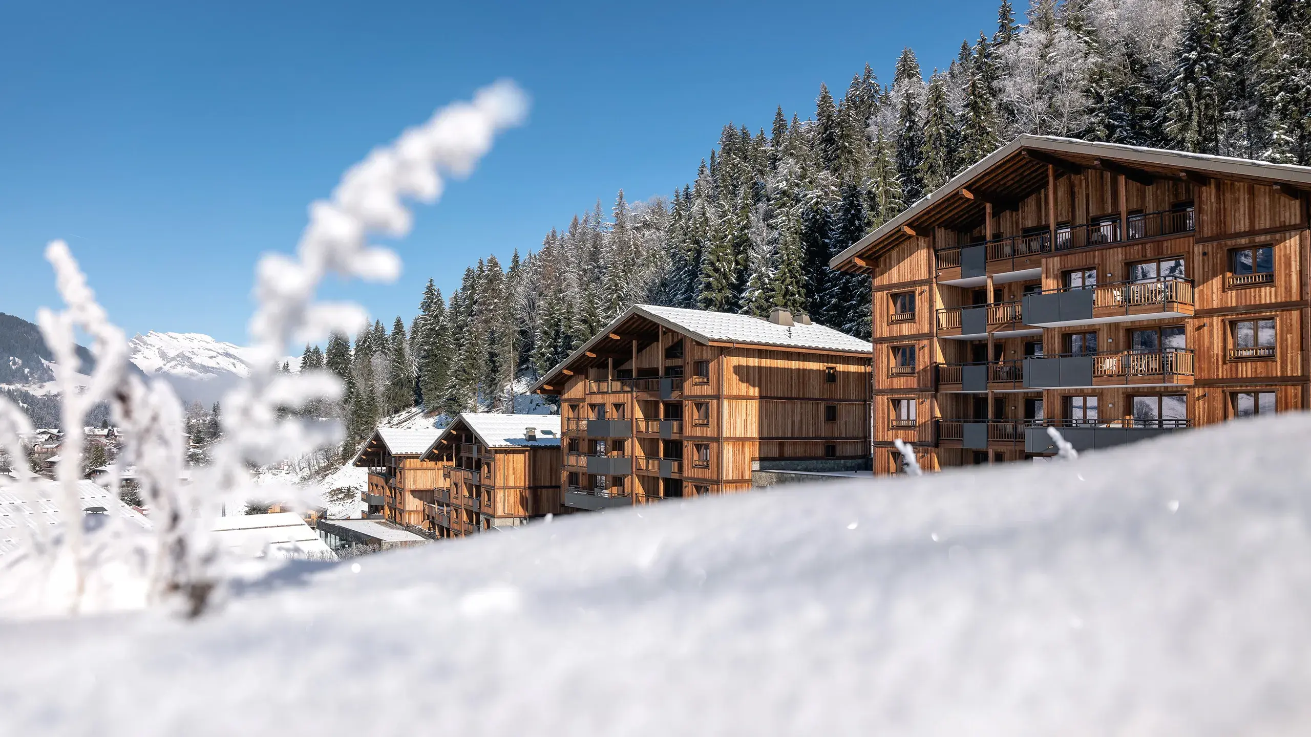 Vue extérieure en hiver des Chalets Láska aux Contamines-Montjoie 