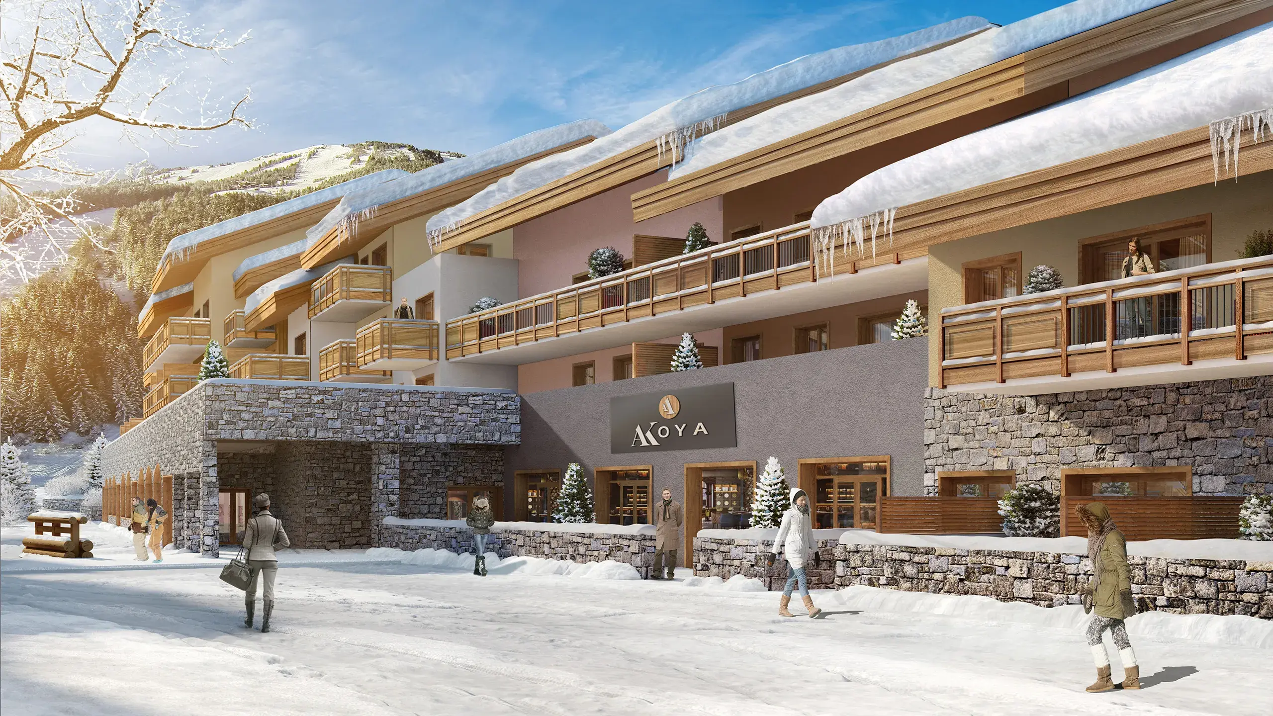 Perspective de la résidence Akoya, vue extériere sous la neige, à Valmorel