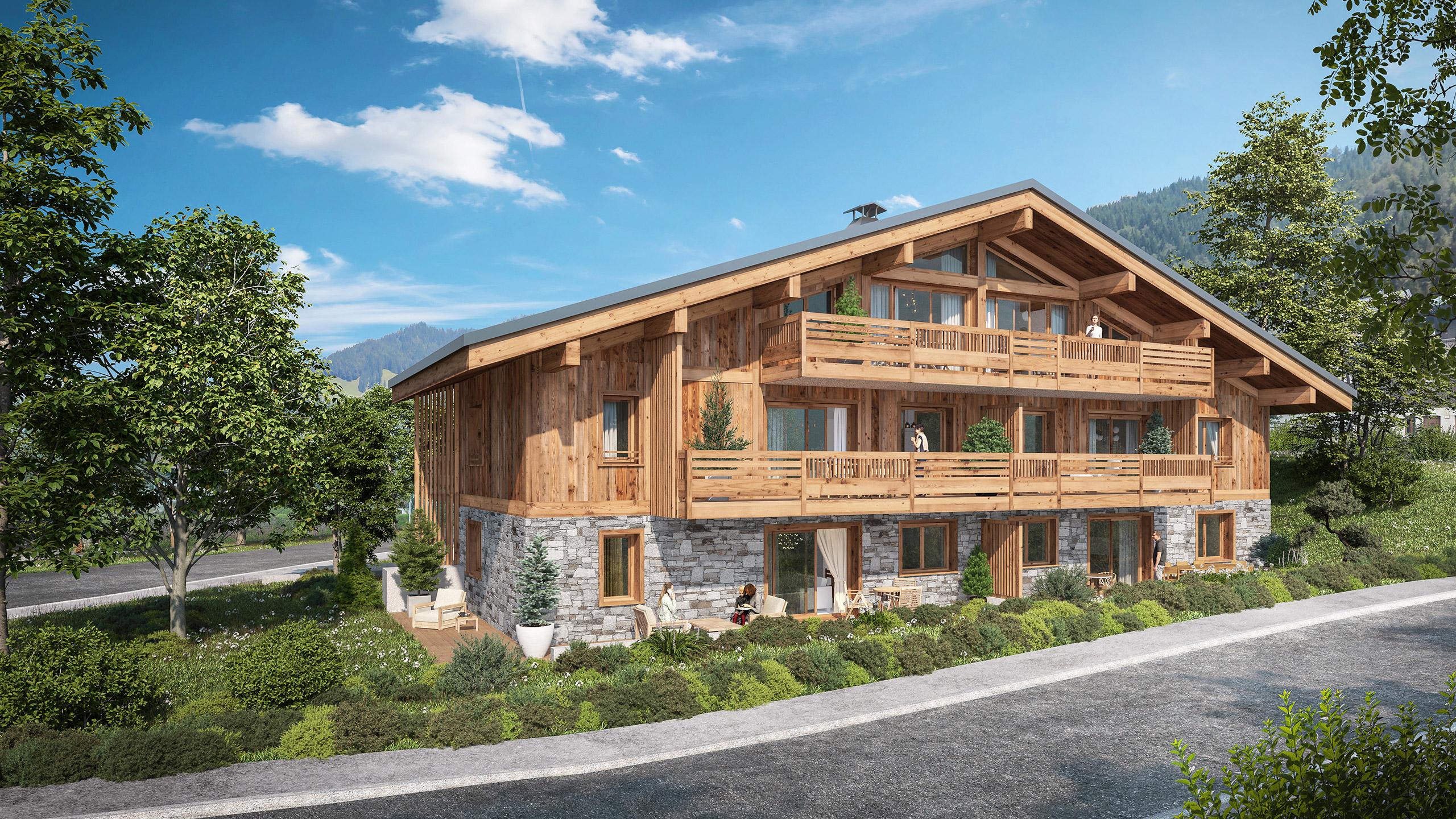 Vue extérieure des Chalets Victorine aux Carroz