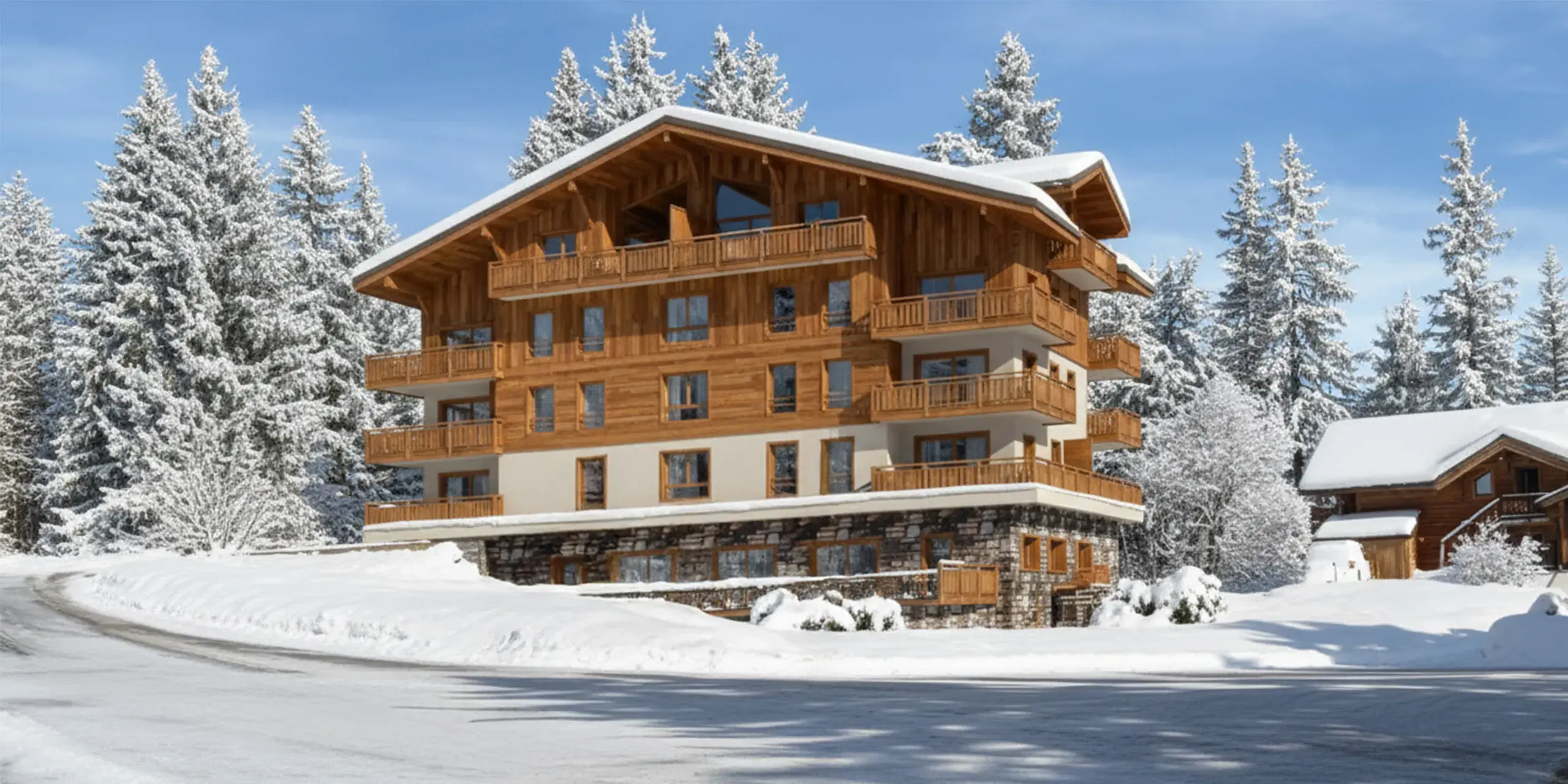 Vue extérieure du Chalet Caribou aux Saisies en hiver, résidence de prestige à la montagne