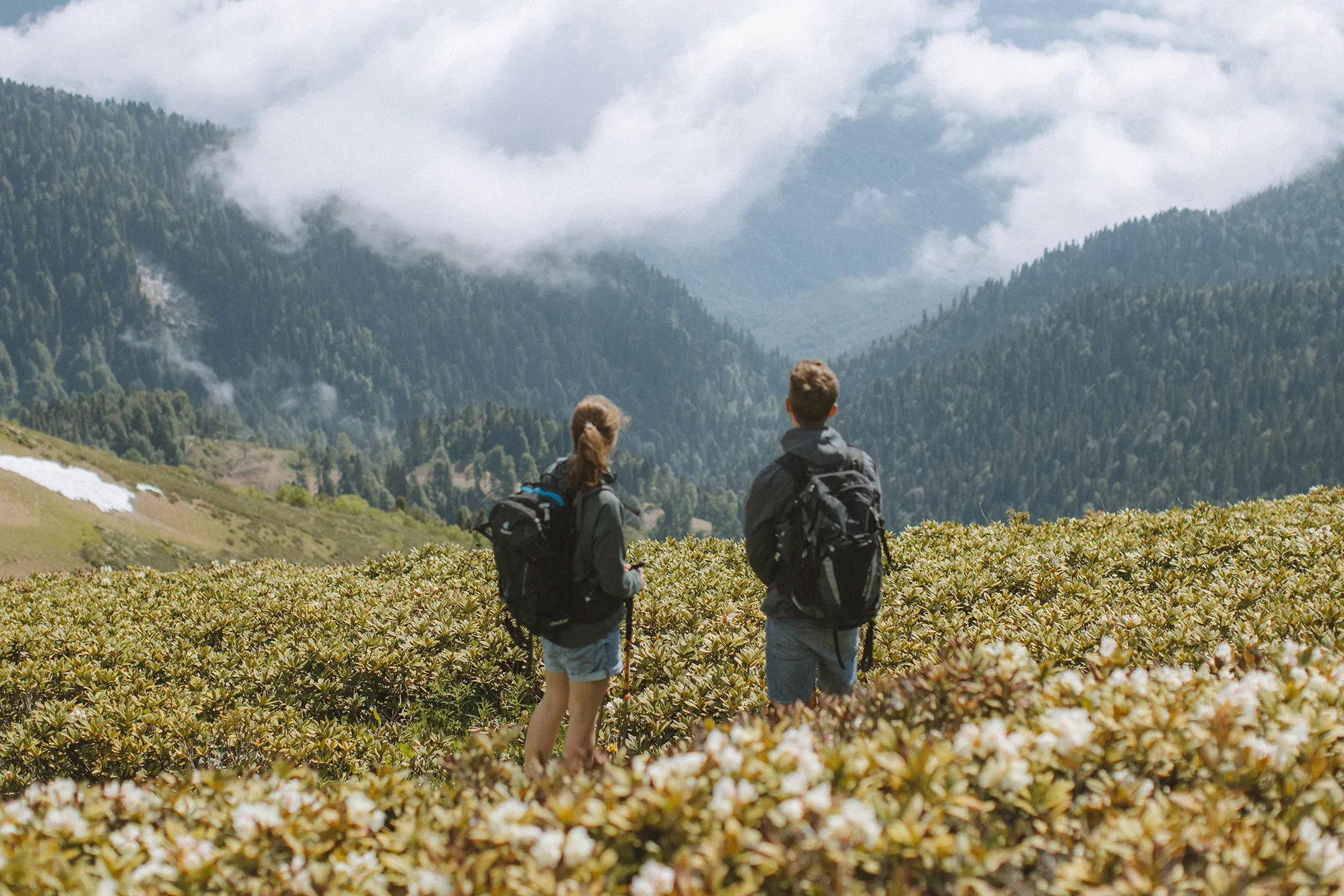 Un couple réalise une randonnée en été et s'est arrêté pour admirer la vallée
