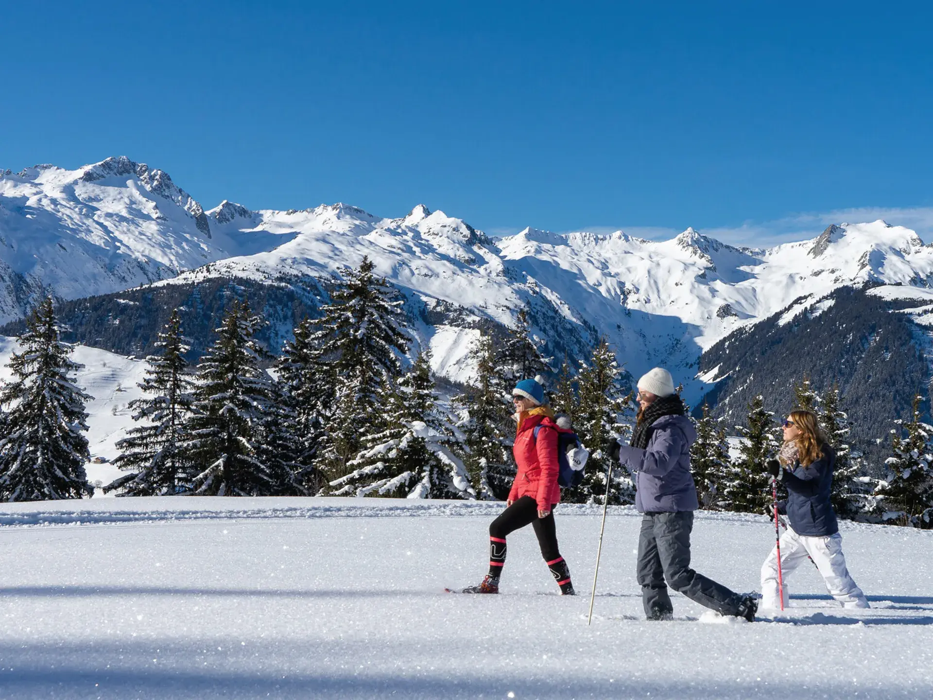 Un groupe de personnes se baladent en raquettes au Grand Domaine en Savoie