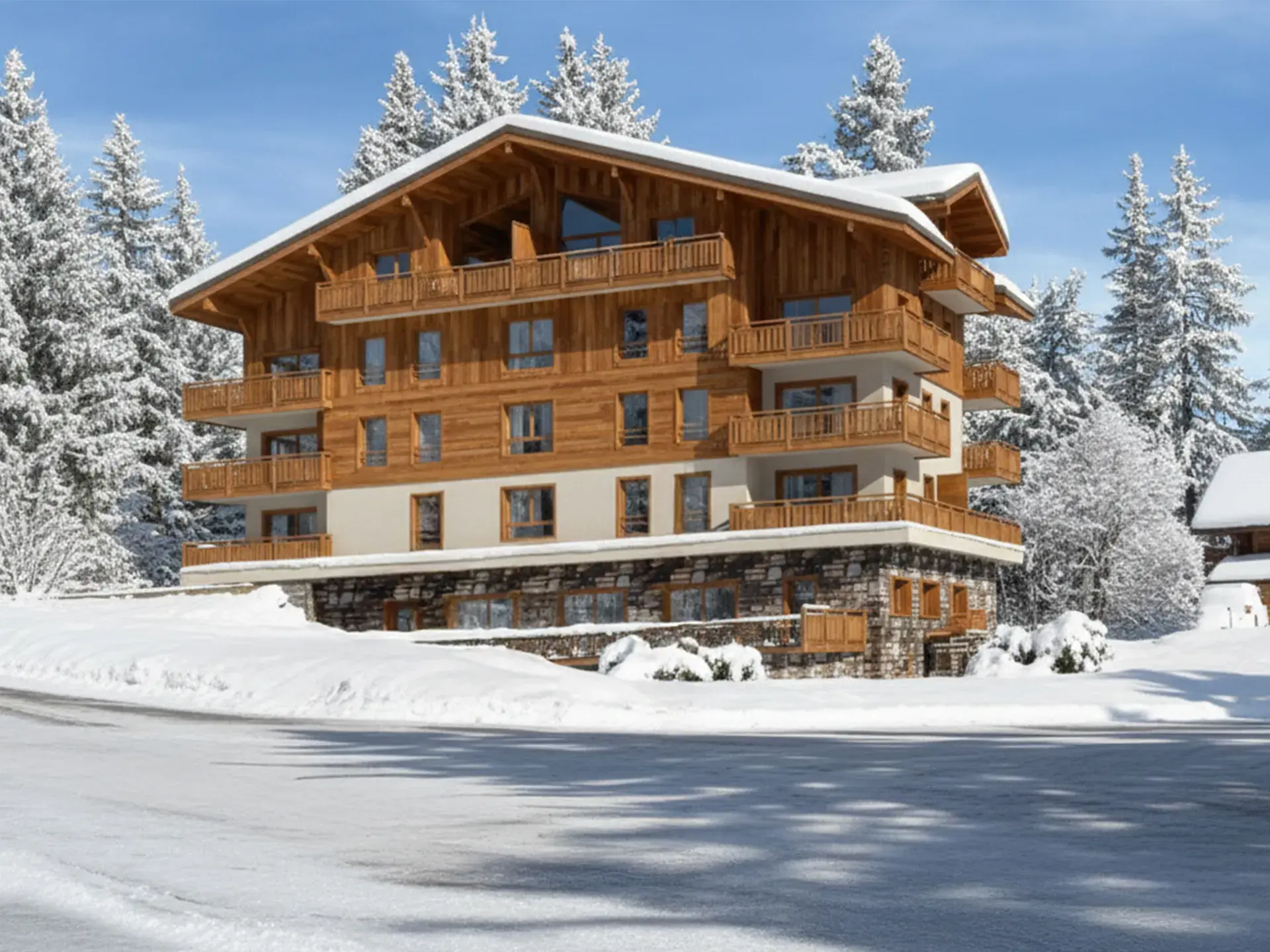 Vue extérieure du Chalet Caribou aux Saisies en hiver, résidence de prestige à la montagne