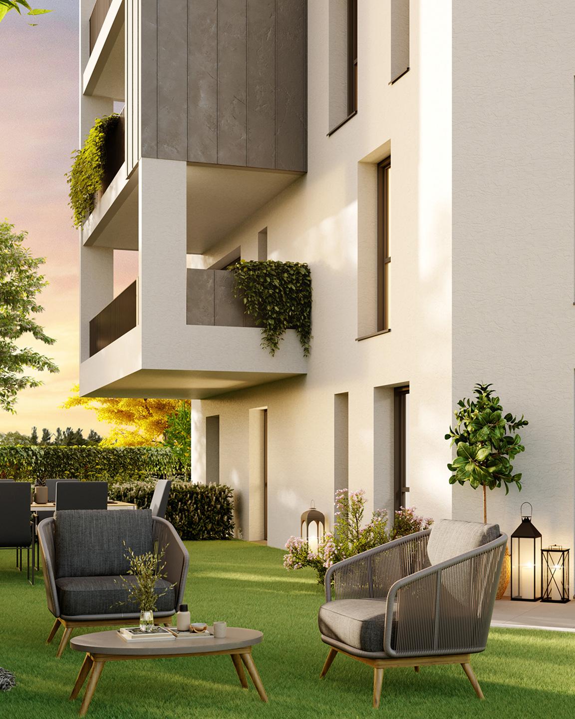 Vue sur le jardin d'un appartement de la résidence Clos Marlioz à Aix les bains