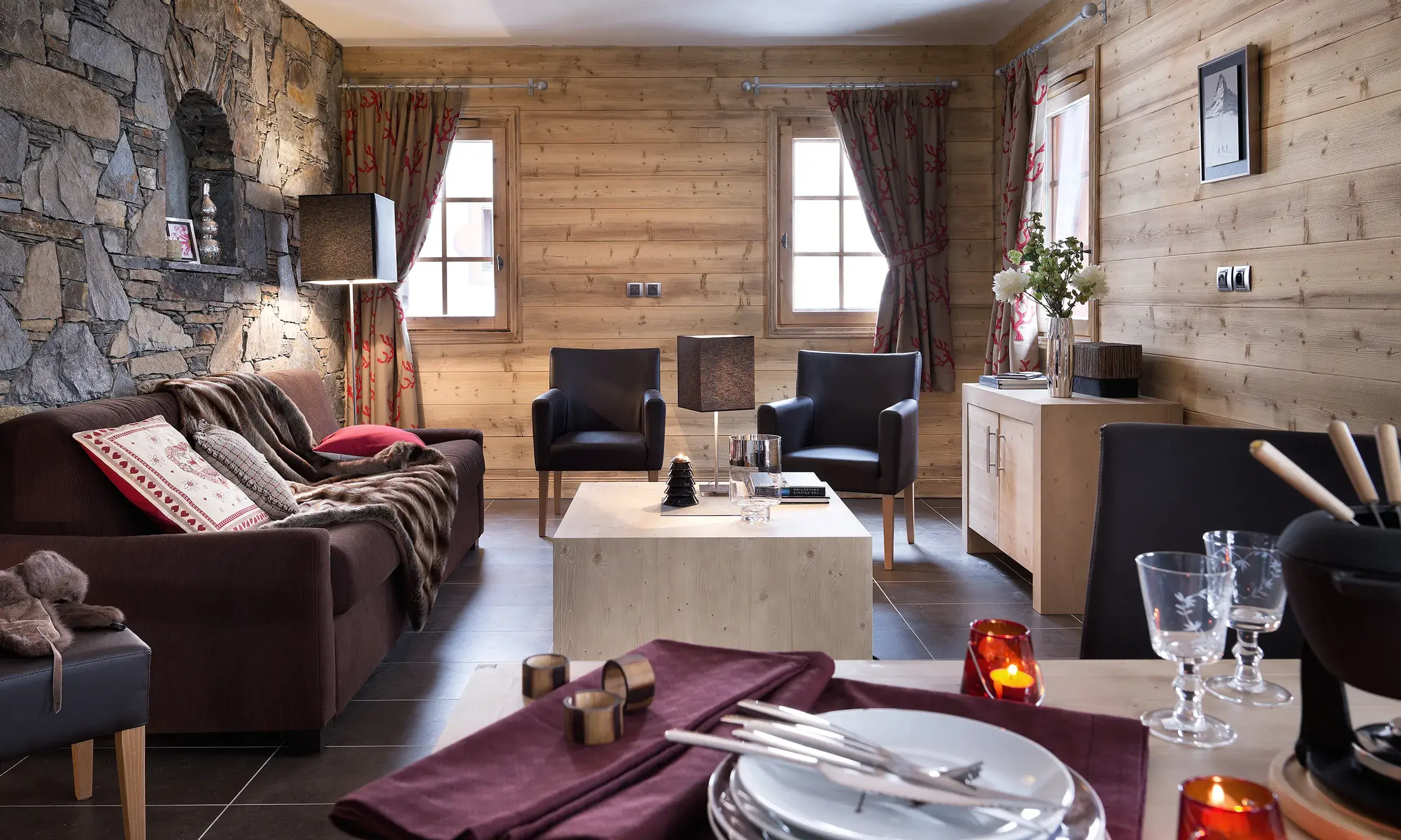 Salon d'un appartement au sein des Chalets Myrna aux Saisies 