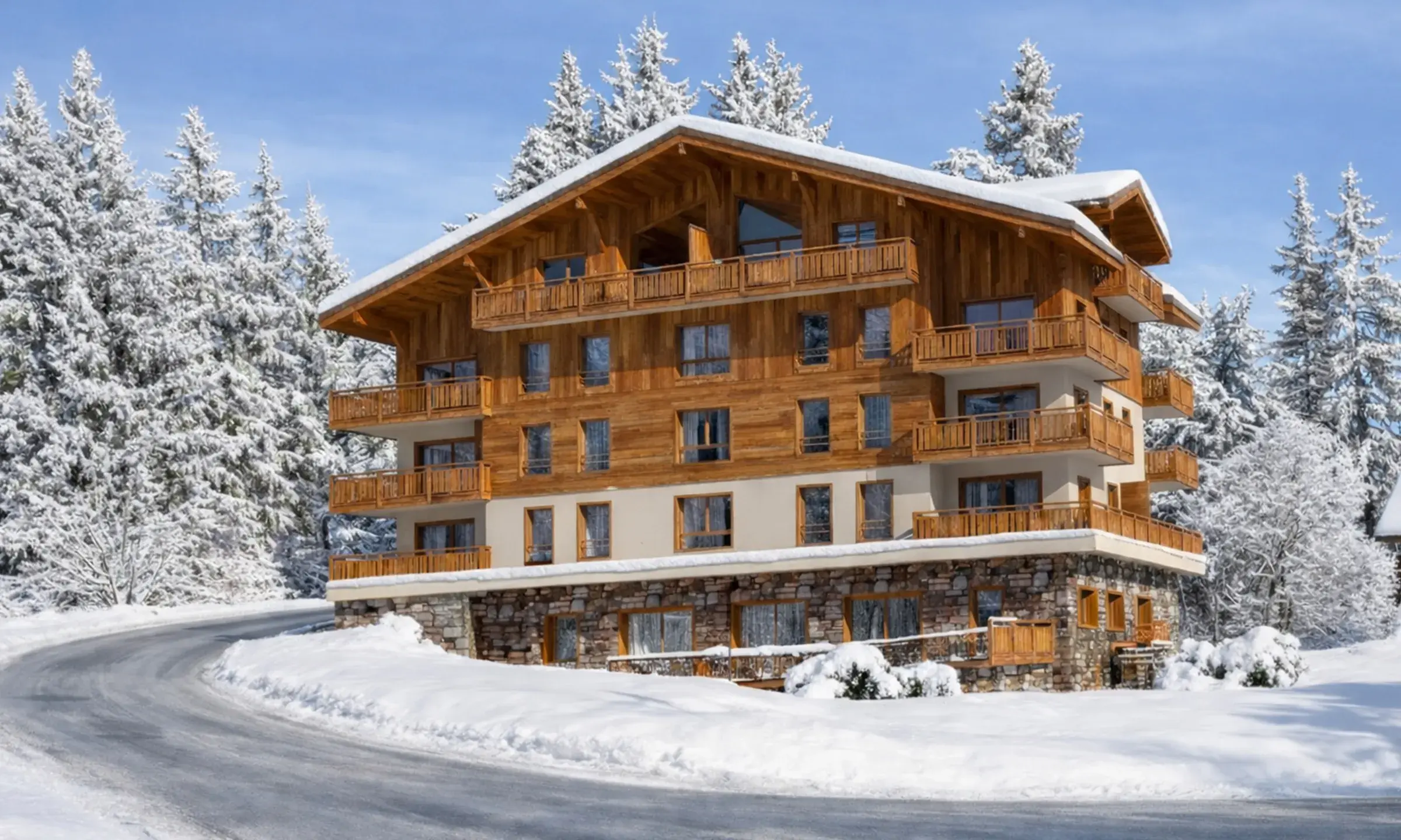 Vue extérieure du Chalet Caribou aux Saisies en hiver